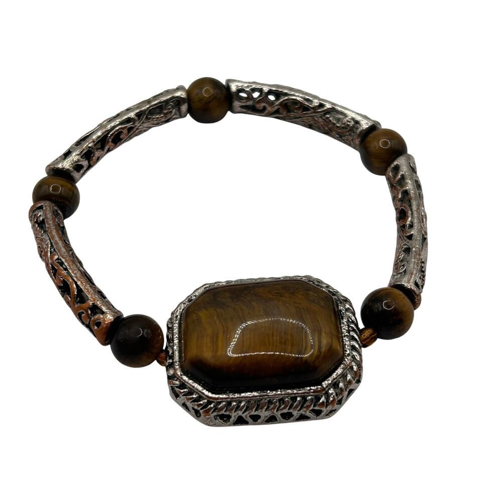 Vintage Silver Tone & Tiger Eye Filigree Stretch Bracelet
